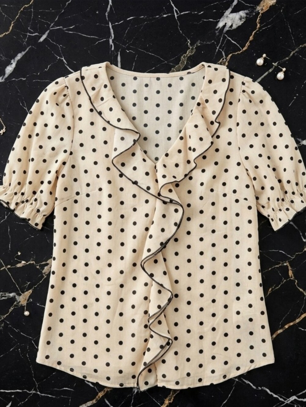 Source Unknown Beige Polka Dot Ruffle Blouse